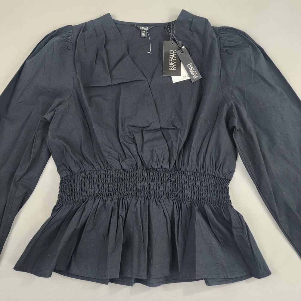 Buffalo David Bitton Trinity Blouse Women XL Black Cotton V-Neck Top WTP0544F